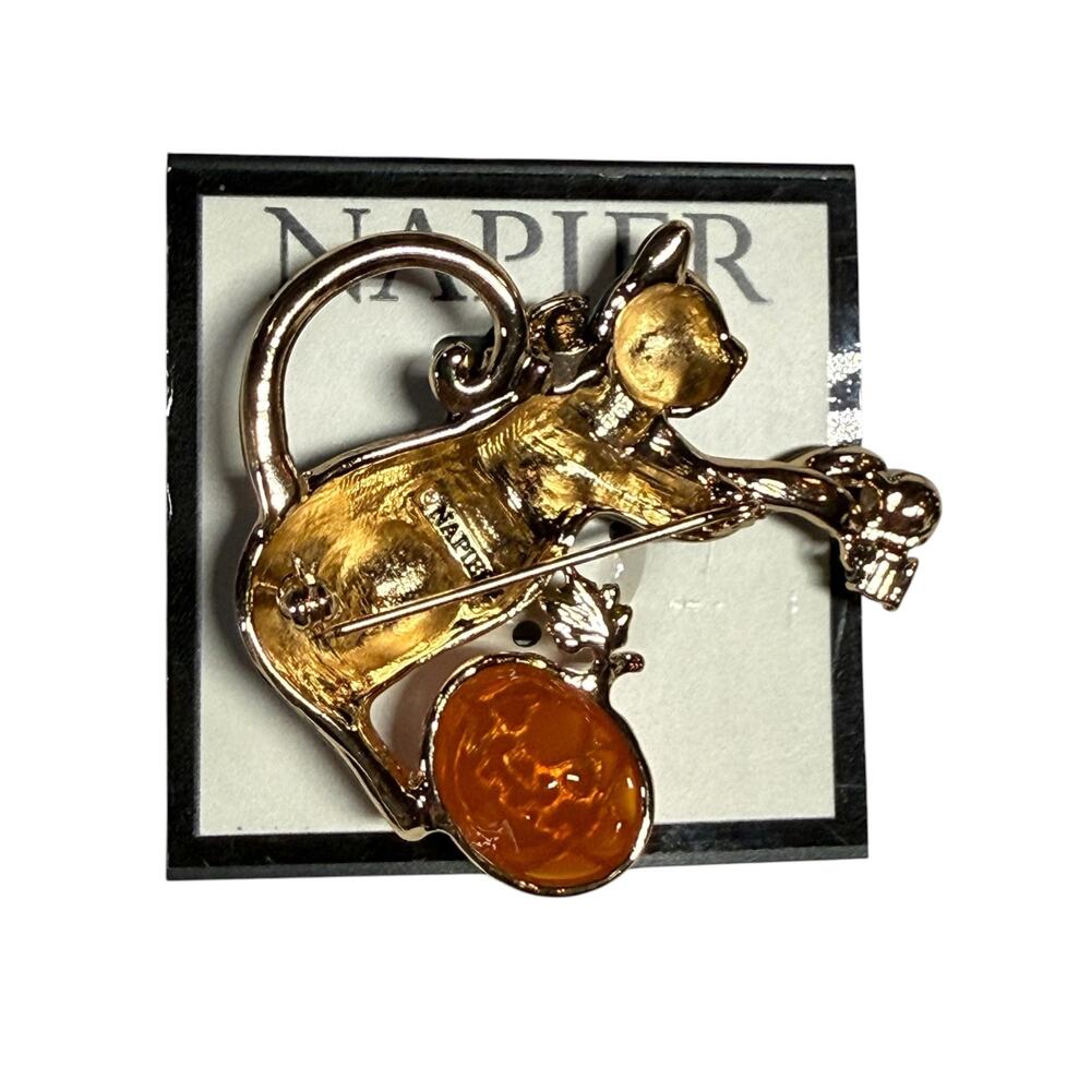 NAPIER Black Cat Pumpkin Halloween Brooch Enamel Spider Charm New in Box Figural - Picture 2 of 4